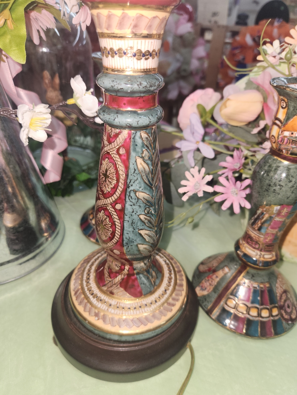 Hand-Painted Decorative Candle Holder in Red and Teal